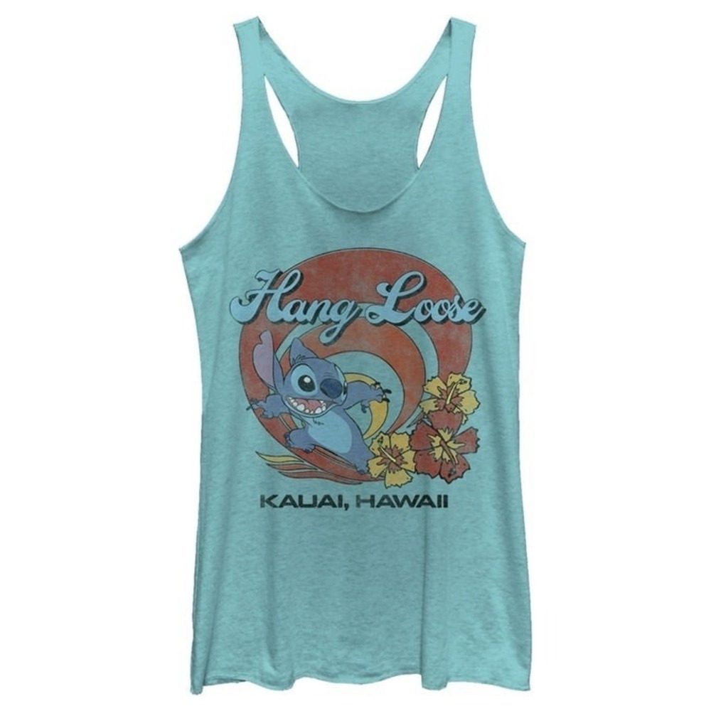 Lilo & Stitch Tank Top‎ Womens L Hang Loose Kauai Hawaii Racerback Teal Graphic